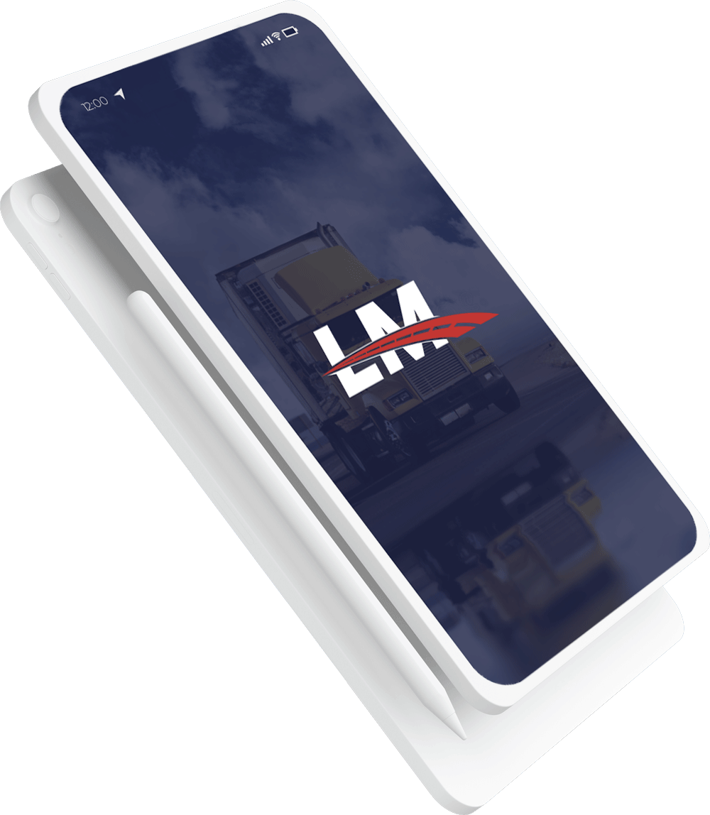 Luramiles logo and freight truck on tilted phone screen